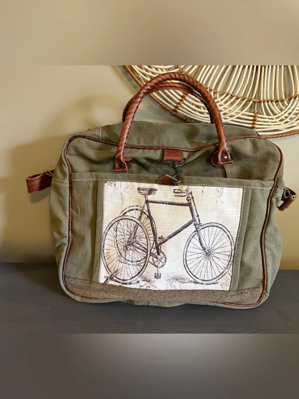 Clea Ray Repurposed Canvas Bicycle Print Messenger Bag - Olive Green